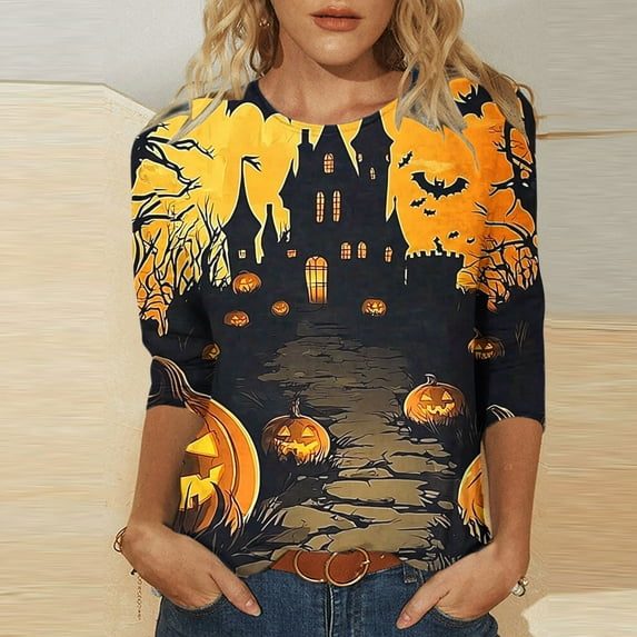 jobturf Halloween Shirts for Women Girls Novelty Graphic Blouses Ghost Pumpkin Tee Tops Spooky Season Festival Costumes