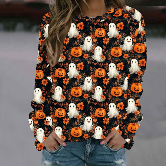 jobturf Halloween Shirts for Women Novelty Skull Graphic T Shirts Long Sleeve Pullover Tops Ghost Pumpkin Printed Loose Fit Casual Fall Clothes