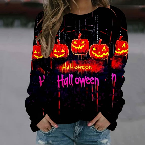 jobturf Halloween Shirts for Women Novelty Skull Graphic T Shirts Long Sleeve Pullover Tops Ghost Pumpkin Printed Loose Fit Casual Fall Clothes