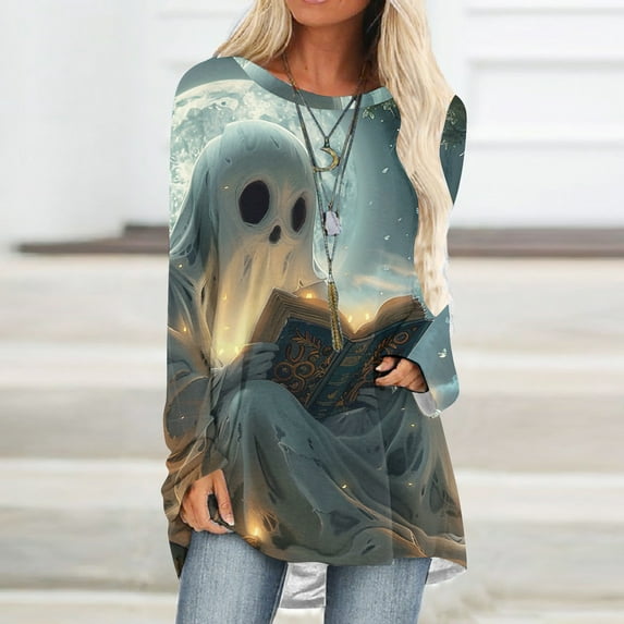 jobturf Halloween Shirts for Women Pumpkin Printed Cute Long Sleeve T Shirts Novelty Ghost Graphic Tops Fall Tee Fashion Festival Gift