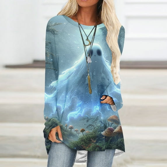 jobturf Halloween Shirts for Women Pumpkin Printed Cute Long Sleeve T Shirts Novelty Ghost Graphic Tops Fall Tee Fashion Festival Gift