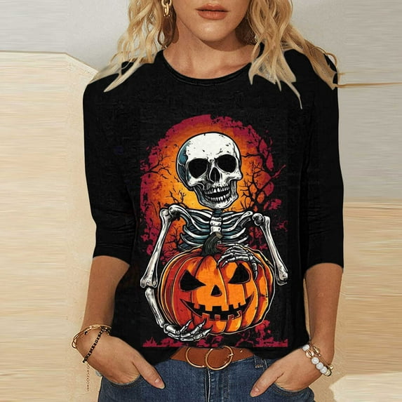 jobturf Halloween Shirts for Women Skeleton Pumpkin Printed 3/4 Length Shirts Vintage Skull Graphic T Shirts Casual Horror Tee Tops