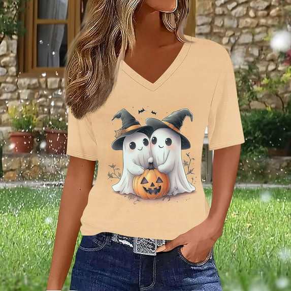 jobturf Halloween Shirts for Women V-Neck Short Sleeve Tee Tops Cute Fall Ghost Pumpkin Graphic Blouses Retro Vintage Festival T Shirt