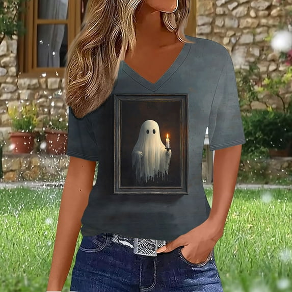jobturf Halloween Shirts for Women V-Neck Short Sleeve Tee Tops Cute Fall Ghost Pumpkin Graphic Blouses Retro Vintage Festival T Shirt