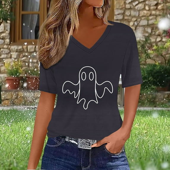 jobturf Halloween Shirts for Women V-Neck Short Sleeve Tee Tops Cute Fall Ghost Pumpkin Graphic Blouses Retro Vintage Festival T Shirt