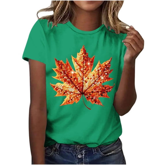 jobturf Halloween Sparkly Tops for Women Glitter Maple Leaf Graphic Shirts Thanksgiving Short Sleeve Crew Neck T Shirt Fall Festival Outfits S