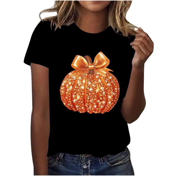 jobturf Halloween Sparkly Tops for Women Glitter Pumpkin Graphic Shirts Thanksgiving Short Sleeve Crew Neck T Shirt Fall Festival Outfits L