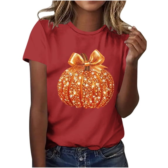 jobturf Halloween Sparkly Tops for Women Glitter Pumpkin Graphic Shirts Thanksgiving Short Sleeve Crew Neck T Shirt Fall Festival Outfits M