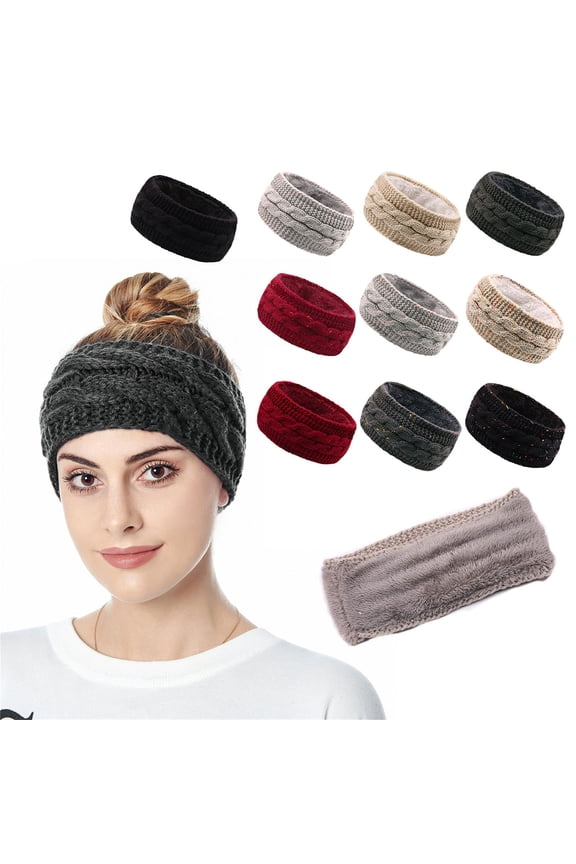 Headbands for Women Thickened Warm Fleece Lined Cable Knit Ear Warmer Winter Soft Comfy Windproof Crochet Head Wrap for Cold Weather