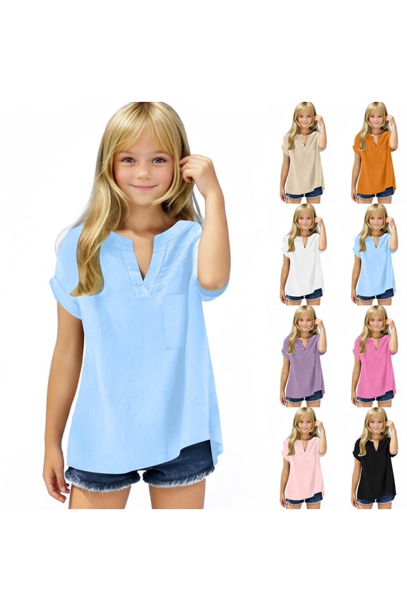 Henley Shirts for Girls Dressy Casual V Neck Summer Tops Comfy Loose Short Sleeve Basic Tees School Uniform Blouses Size 5-15 Years