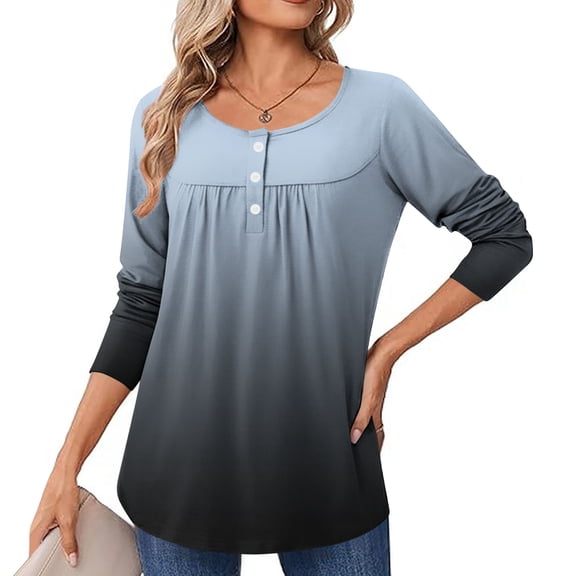 jobturf Henley Shirts for Women Casual Loose Pleated Front Tunic Tops Soft Comfy Basic Tees Fall Spring Fashion Gradient Long Sleeve Blouses