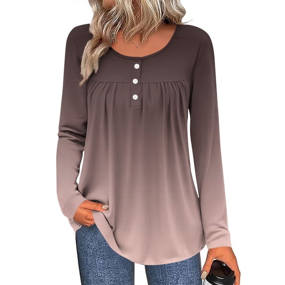 jobturf Henley Shirts for Women Casual Loose Pleated Front Tunic Tops Soft Comfy Basic Tees Fall Spring Fashion Gradient Long Sleeve Blouses