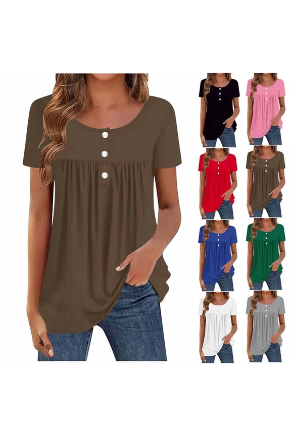 Henley Shirts for Women Trendy Pleated Front Short Sleeve Tops Comfy Loose Summer Basic Tees Business Casual Work Blouses S-XXL