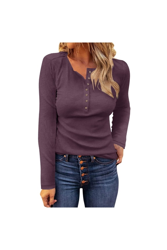 Henley Shirts for Women Trendy Solid Waffle Knit Tops Fall Winter Lightweight Ladies Blouses Long Sleeve Going Out Pullover Size L