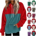 thumbnail image 1 of jobturf Hoodies for Women Color Block Drawstring Hooded Sweatshirt Fall Winter Blouses Soft Comfy Warm Flannel Fleece Long Sleeve Tops with Pocket, 1 of 7