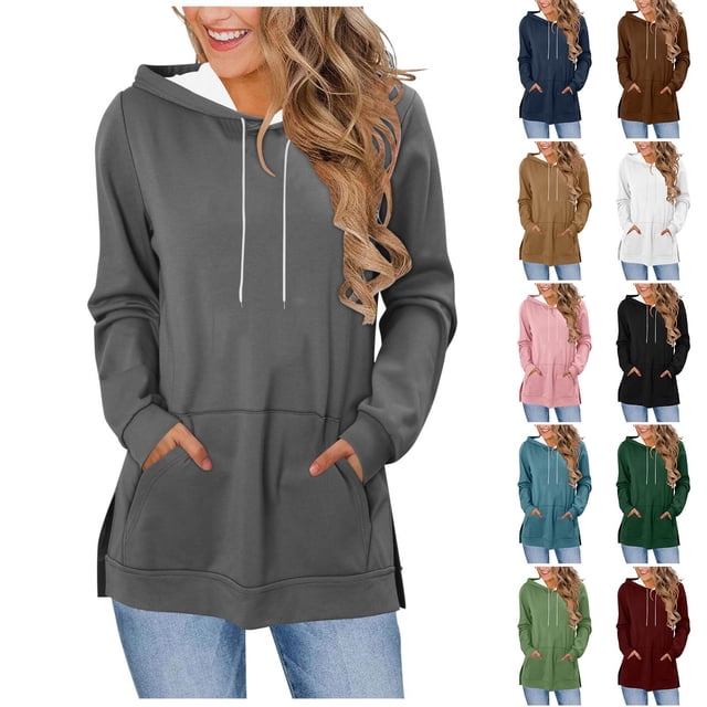 jobturf Hoodies for Women Drawstring Side Slit Hooded Sweatshirt Casual Loose Lightweight T Shirts Fall Winter Fashion Long Sleeve Tops with Pocket