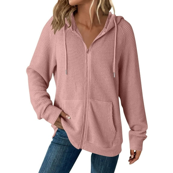 jobturf Hoodies for Women Fall Winter Athletic Zip up Jacket Fashion Solid Waffle Long Sleeve Hooded Sweatshirt Going Out Tops with Pockets Size XL
