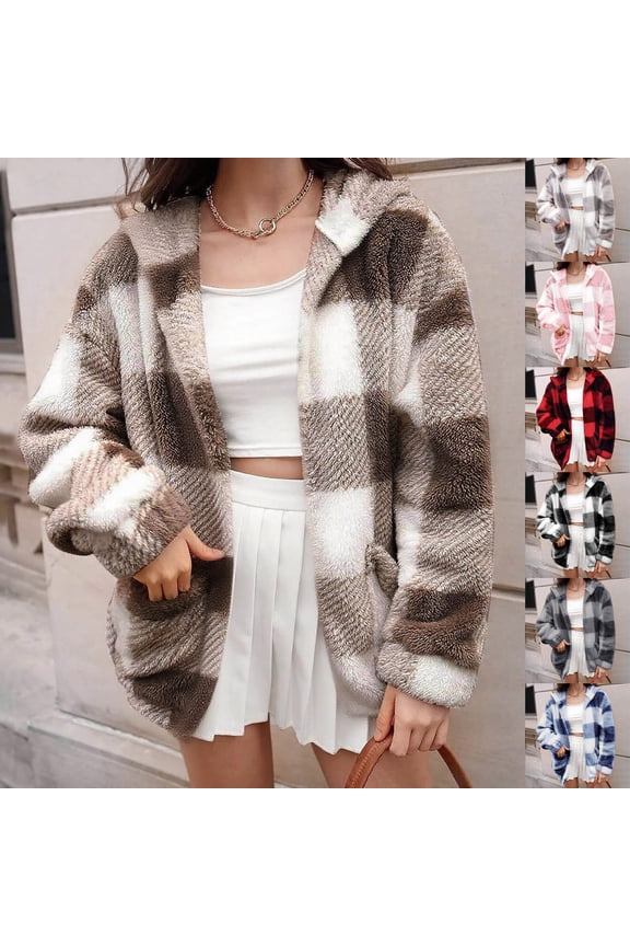 Hoodies for Women Fall Winter Fashion Plaid Fleece Jacket Soft Comfy Warm Open Front Cardigan Long Sleeve Casual Outerwear with Pockets
