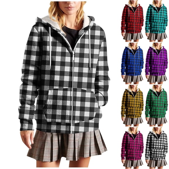 jobturf Hoodies for Women Thickened Warm Fleece Lined Plaid Jacket Full Zip up Long Sleeve Casual Outerwear Fashion Drawstring Winter Coats with Pockets