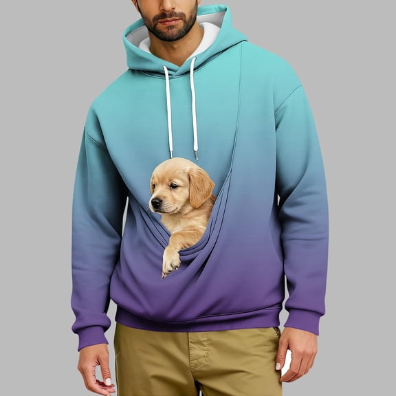 jobturf Hoodies for Men Big Pet Pouch Cat Dog Carrier Hooded Sweatshirt Fall Spring Fashion Gradient Long Sleeve Shirts with Large Pocket
