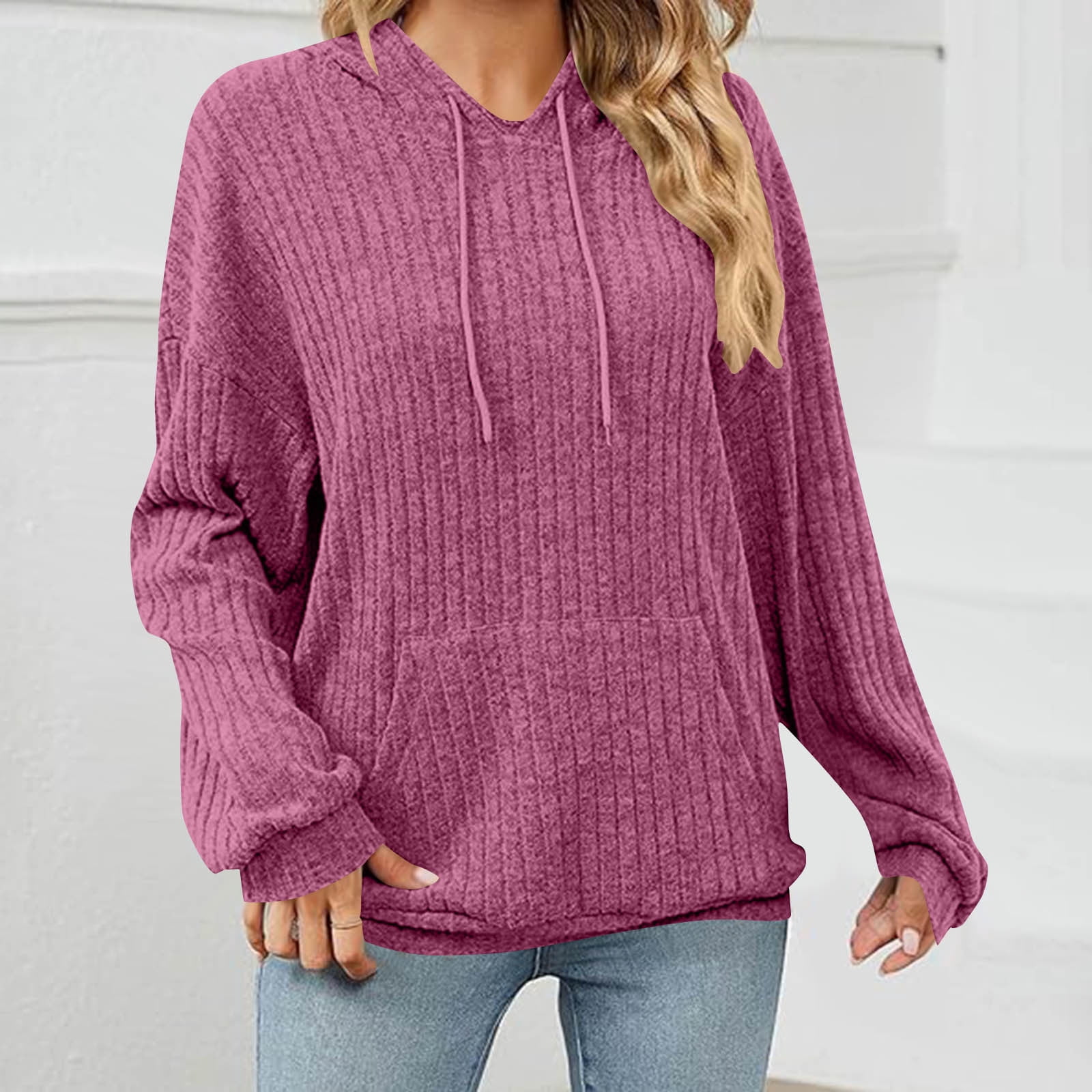 Knitted Hoodie Pullover Drawstring Ribbed Oversized Women