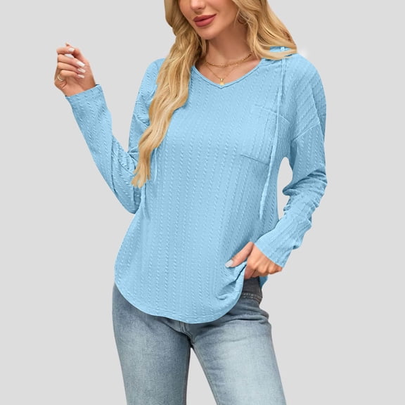 jobturf Hoodies for Women Trendy V Neck Curved Hem Long Sleeve Shirts Casual Loose Drawstring Hooded Sweatshirt Fall Spring Fashion Going Out Tops
