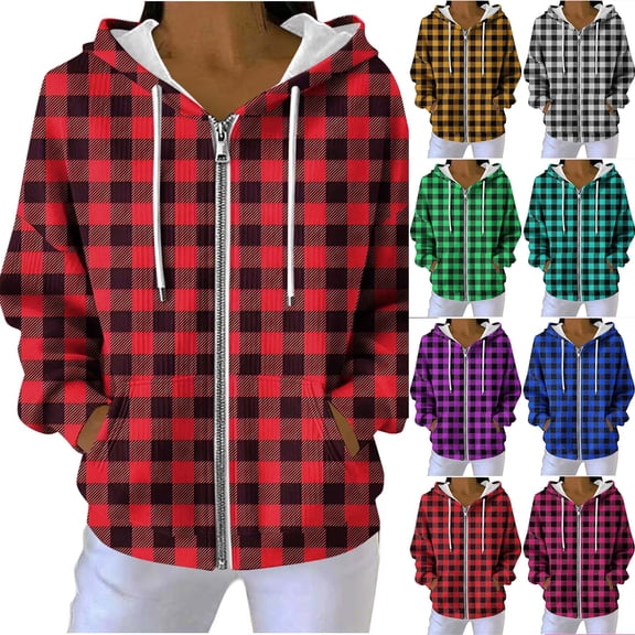 jobturf Jackets for Women Fashion Drawstring Plaid Shacket Long Sleeve Casual Outerwear Fall Winter Warm Zip up Hoodie with Pocket