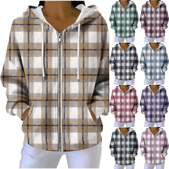 jobturf Jackets for Women Fashion Drawstring Plaid Shacket Long Sleeve Casual Outerwear Fall Winter Warm Zip up Hoodie with Pocket