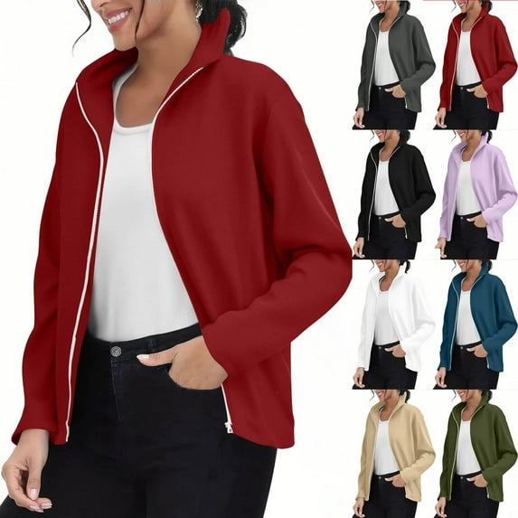 jobturf Jackets for Women Trendy Solid Full Zip up Sweatshirt Stand Collar Long Sleeve Going Out Tops Fall Winter Warm Coat with Pockets