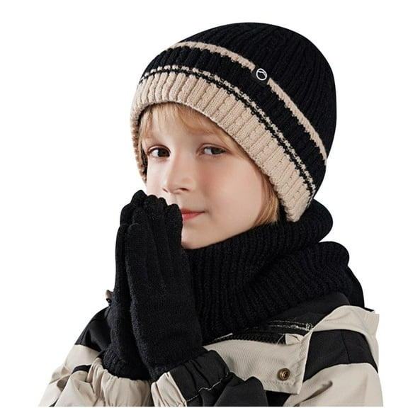 jobturf Kids Beanie 3 Piece Outfits Cute Pom Poms Winter Hats Neck Warmer Gloves Matching Sets Soft Comfy Warm Ribbed Knit Hat Scarf Glove Set Free Size