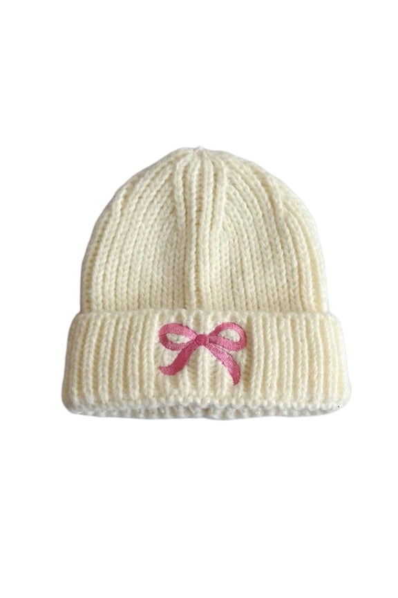 Kids Beanie Cute Bow Lightweight Winter Hats Soft Comfy Thickened Warm Ski Cap Fashion Solid Ribbed Knit Hat for Cold Weather Free Size