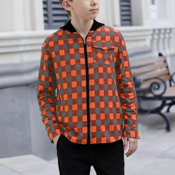jobturf Kids Jacket Plaid Full Zip Long Sleeve Hooded Shackets Fall Winter Casual Soft Workout Running Teen Boys Outerwear 4-15 Years