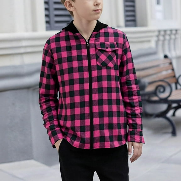 jobturf Kids Jacket Plaid Full Zip Long Sleeve Hooded Shackets Fall Winter Casual Soft Workout Running Teen Boys Outerwear 4-15 Years