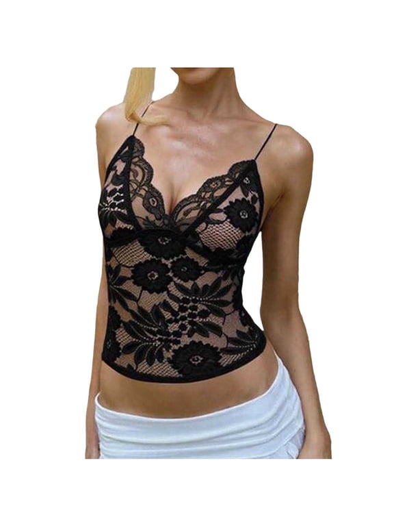 Lace Camisole Tops for Women Floral Sheer Mesh Spaghetti Strap Tank Top V Neck Sleeveless Shirts Valentine's Day Outfits S-XL