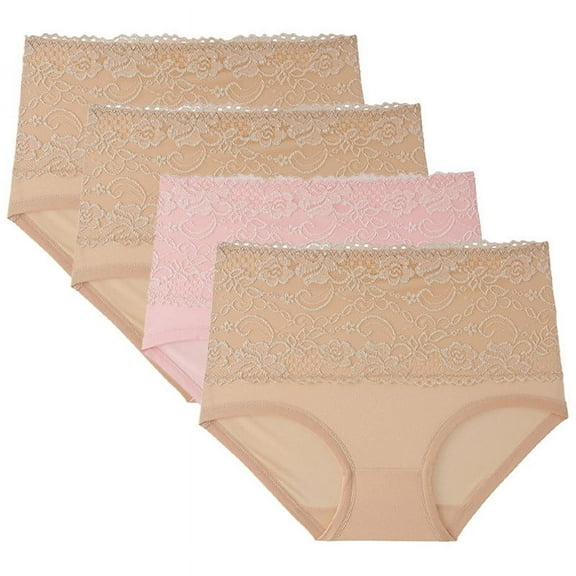 jobturf Lace Trim Underwear for Women High Waist Panties Full Coverages Briefs Soft Strech Ladies Breathable Panties 4 Pack Beige M