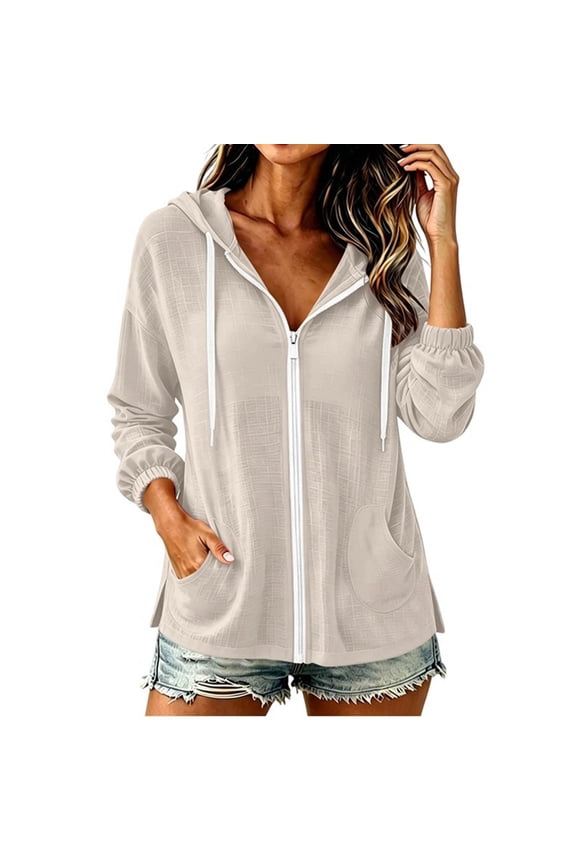 Lightweight Hoodies for Women Long Sleeve Zip Up Jackets Summer Thin Drawstring Hoodie Casual Cotton Fall Jacket with Pockets S-2XL