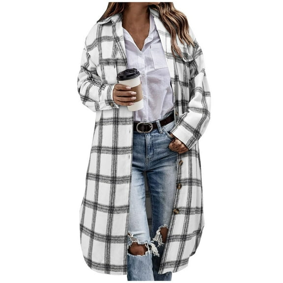jobturf Long Jackets for Women Casual Loose Lightweight Plaid Shacket Fall Winter Fashion Outerwear Long Sleeve Button Down Coats