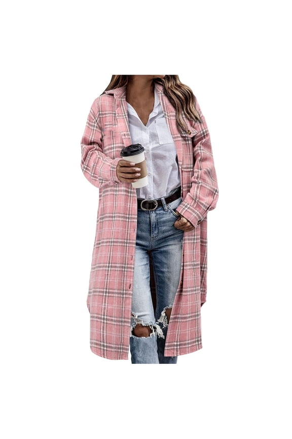 Long Jackets for Women Trendy Lightweight Plaid Shacket Long Sleeve Button Down Going Out Tops Fall&nbsp;Winter Casual Loose Trench Coat