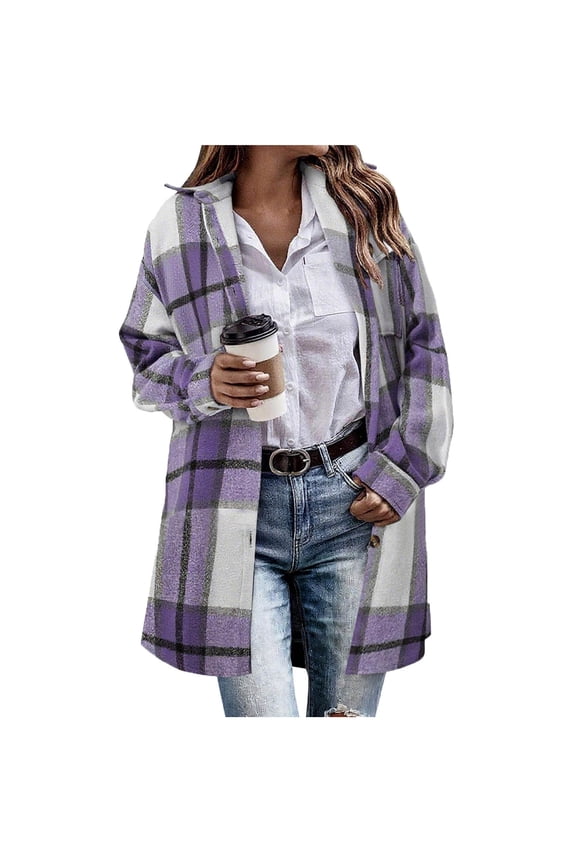 Long Shacket Women Casual Lapel Button Up Plaid Jacket Flannel Trench Coats Fall Winter Lightweight Jackets S-2XL