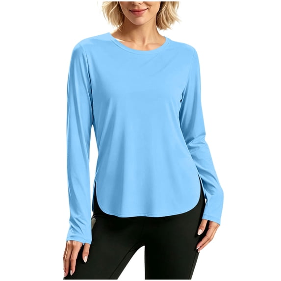 jobturf Long Sleeve Athletic Shirts for Women Curved Hem Side Split Sun Shirt UV Protection Casual Workout Tops L