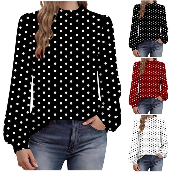 jobturf Long Sleeve Shirts for Women Mock Neck Pleated Front Blouses Fall Fashion Polka Dots Basic Tees Dressy Casual Going Out Tops