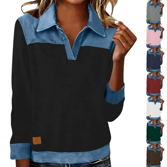 jobturf Long Sleeve Shirts for Women Patchwork Color Block Denim Trim Pullover Sweatshirts Casual Loose V Neck Blouses Going Out Tops