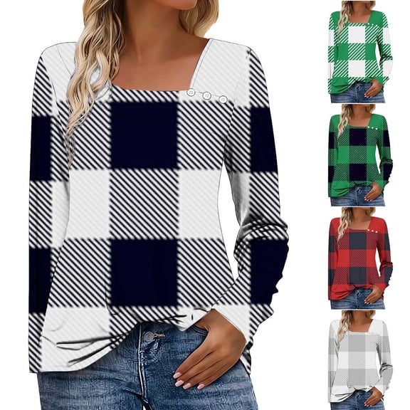 jobturf Long Sleeve Tunic Tops for Women Dressy Casual Asymmetric Square Neck Plaid Shirts Fall Spring Fashion Decorative Buttons Blouses