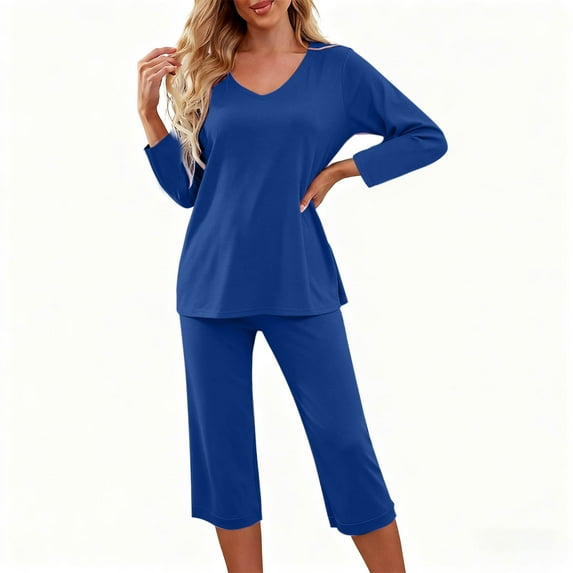 jobturf Lounge Sets for Women V Neck 3/4 Sleeve Tops and Capri Pants Matching Pjs Two Piece Set Spring Summer Fashion Pajama Sets
