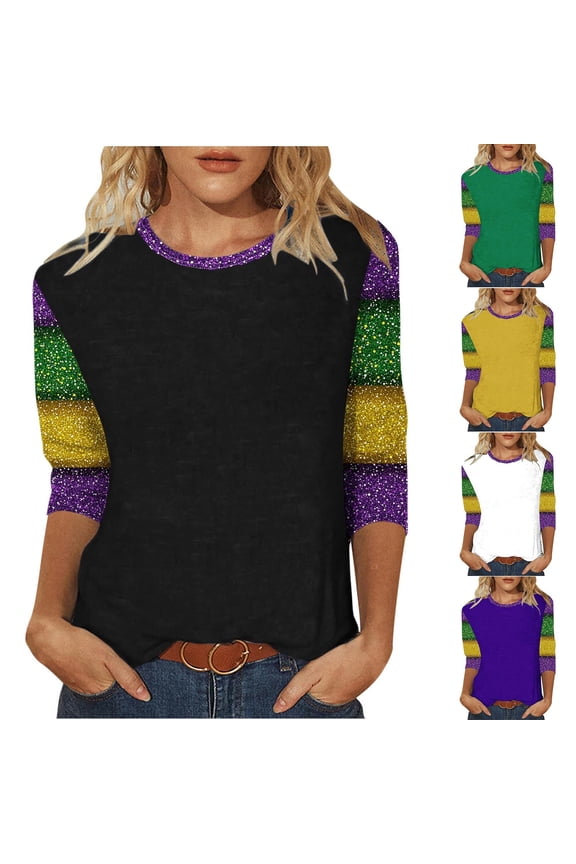 Mardi Gras Shirts for Women Holiday Carnival Striped Raglan Basic Tees Crew Neck 3/4 Sleeve T Shirt Spring Sparkly Festival Party Tops