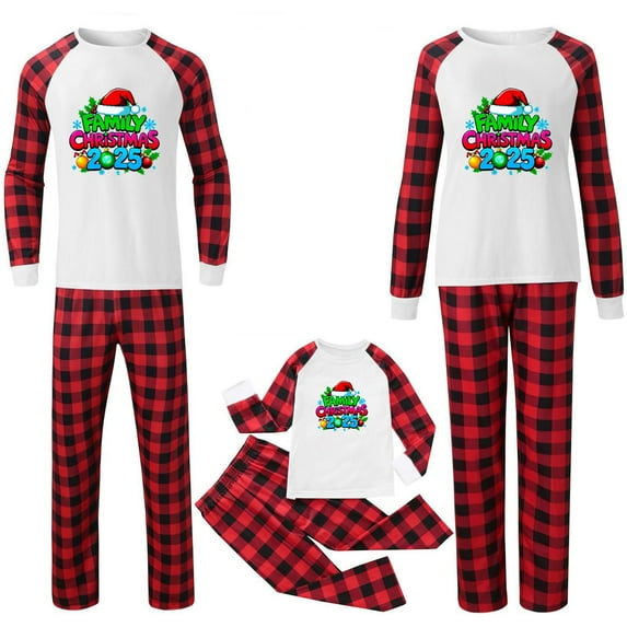 jobturf Matching Christmas Pajamas for Family 2 Piece Sets Cute Santa Hat Long Sleeve Tops and Plaid Pants Holiday Fashion Lounge Set Size 120