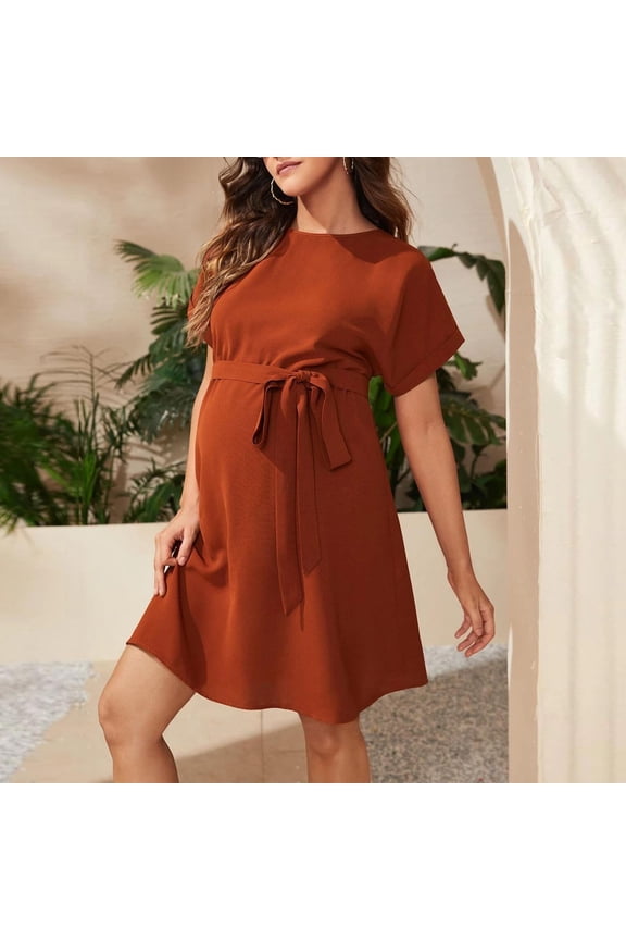 Maternity Dress for Photoshoot Trendy Solid Short Sleeve Crew Neck Dresses Summer Beach Vacation Sundress Pregnancy Clothes S-XXL
