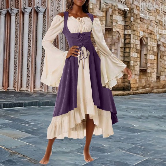 jobturf Medieval Dresses for Women Off The Shoulder Long Bell Sleeve Prom Dress High Low Slim Fit Halloween Renaissance Tunic Maxi Dress