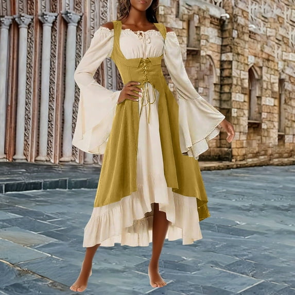 jobturf Medieval Dresses for Women Off The Shoulder Long Bell Sleeve Prom Dress High Low Slim Fit Halloween Renaissance Tunic Maxi Dress