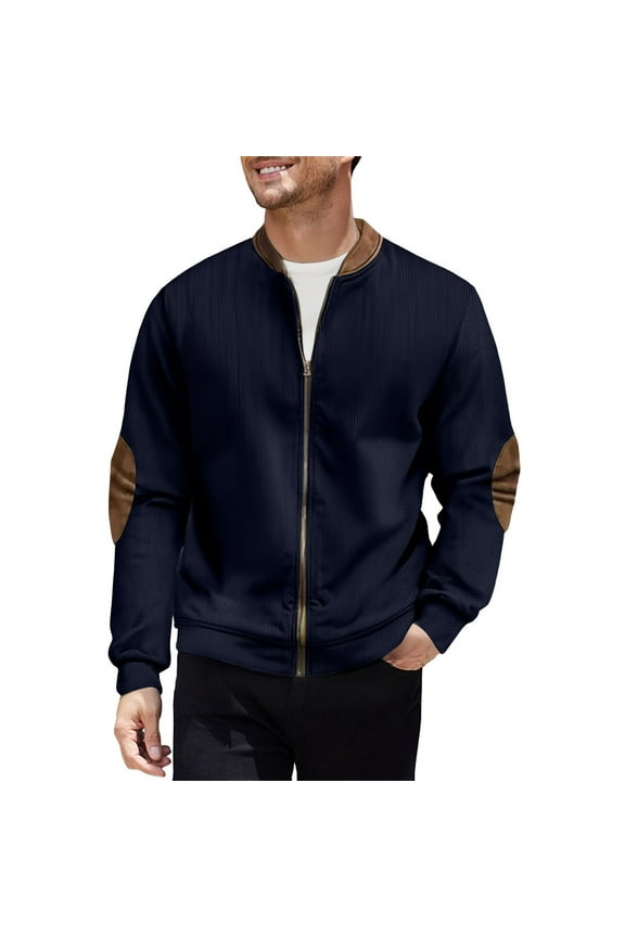 Mens Bomber Jackets Lightweight Full Zip Long Sleeve Coats Fall Winter Casual Corduroy Windproof Mock Neck Work Outerwear